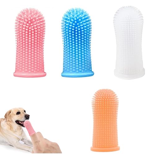 4 Stück Hundezahnbürste, 360º Pets Zähne Reinigung Zahnbürste, Fingerzahnbürste Hund Katze, Zahnbürste Hund, Für Hunde, Welpen, Katzen & Kleine Haustiere Zahnpflege(Blau, Rosa)