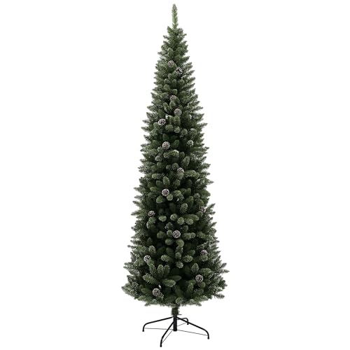 HOMCOM Árbol de Navidad Estrecho 225 cm Árbol de Navidad Artificial con 980 Ramas 75 Piñas y Soporte de Metal Árbol Navideño para Salón Interior Verde
