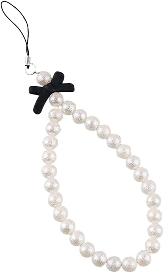 YSSZAM White Mobile Phone Lanyard Universal Chain Black Bow White Pearl Beaded Phone Lanyard Wrist Strap Anti Lost Charm Strap Fashion Case Keychain Wallet Decoration Pendant for Women