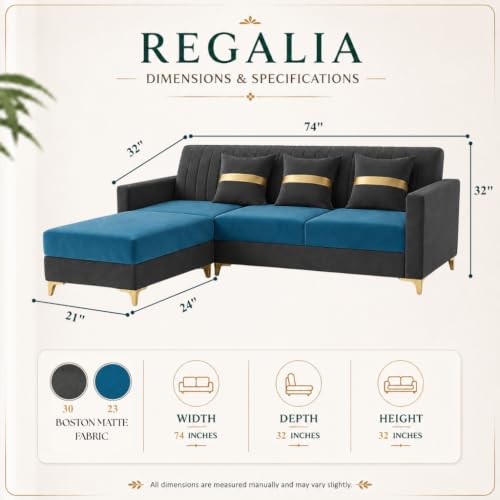 Image of CASASTYLE Signature Groovy 4-Seater L-Shape Sofa Set with Movable Ottoman | Flexible LHS /RHS Layout | Boston Fabric & Plush Cushions | 40D Foam + Zigzag Spring | 3-Yr Warranty (Dark Grey-Aqua Blue)