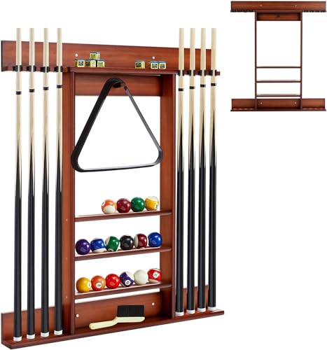 GYMAX Soporte para Tacos de Billar de Madera de Pino, Soporte para Tacos de Billar para 8 Tacos, 15 Bolas de Billar y Accesorios de Billar, Accesorios de Mesa de Billar para Sala de Billar, Bar, Club