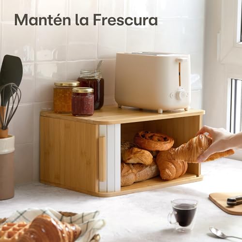 Miniatura 3 de Panera De Madera Grande - Con Puerta Corredera Panera Bambú Fsc Para Guardar El Pan 40 X 28 Cm Ahorra Espacio - Elegante Para Una Frescura Prolongada - Blanco
