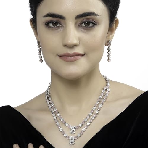 Image of ZENEME Rhodium-Plated American Diamond Studded Star Shaped Layered Necklace With Earrings Jewellery Set For Girls and Women
