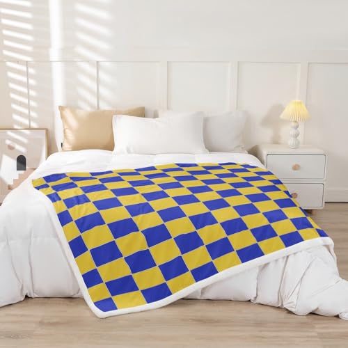 Image of Erosebridal Geometric Plaid Sherpa Blanket Queen 90 inchX90 inch Yellow Blue Brown Checkerboard Fleece Bed Blanket for Kids Boys Teen Adults,Checkered Grid Throw Blanket Modern Aesthetic Fuzzy Blanket