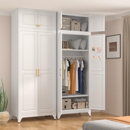 86.6" Amoire Wardrobe Closet, 71" Wardrobe Cabinet with 15.74" Cabinet, Metal Closets with Hanging Rod for Bedroom School, Employee, Gym, Armarios De