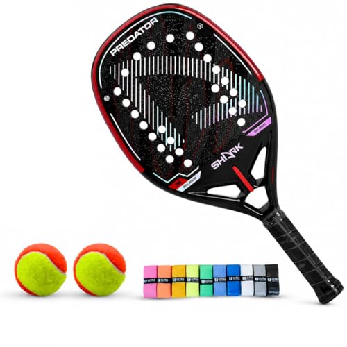 KIT RAQUETE DE BEACH TENNIS SHARK PREDATOR 2026 CARBONO 3K CAPA ORIGINAL SHARK COMPLETO – RAQUETE PROFISSIONAL + 2 BOLAS + 01 OVERGRIP ULTRA | ALTA PERFORMANCE, CONTROLE E CONFORTO