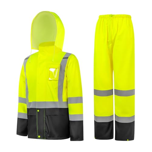 Tanmumali Men's Hi Vis Safety Rain Jacket Reflective Rain Suits For Men Waterproof Breathable Lining Oxford Fabric Work Wear Construction Hoodie Raincoat
