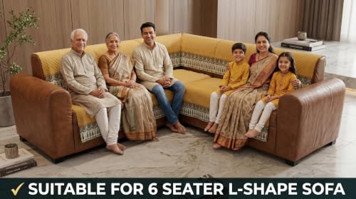 Image of KINGLY L-Shape Sofa Cover 6 Seater 3+3 Velvet Full Cover - Mustard Yellow | Fully covered quilted velvet slipcover, washable anti-slip furniture protector, L-type corner sofa cover for living room
