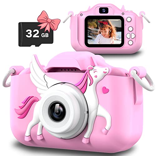 Slothcloud Unicorn Kids Selfie Camera,Unicorn Gifts for Girls Age 3-12,HD Kids Digital Video Cameras for Toddler,Toy for 3 4 5 6 7 Years Old Teens with 32GB SD Card,Christmas Birthday Gift for Girls