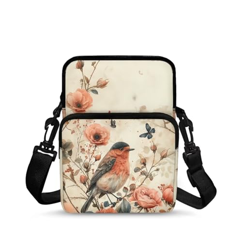 TSOVTHRID Pink Black White Bird Floral Butterflies Printed Kids Girls Boys Crossbody Bags, 2 Layer Shoulder Bag Travel Outdoor Chest Bags Satchel Bag with Adjustable Shoulder Strap