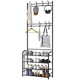 UDEAR Garderobenständer,3 in 1 Eingangs Garderobe mit Schuhbank,Multifunktionales 4-stufige Aufbewahrungsregale und 8 Haken,für Wohnzimmer,Barthroom,Flur,Schwarz