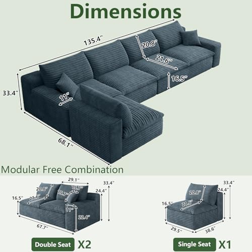 Image of 136 inch Cloud Couch Modular Sectional Sofa for Living Room, L-Shape Boneless Couch with Deep Seat, Modern Corduroy 5-Seater, No Assembly Required,Blue