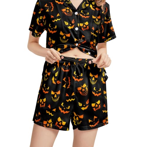 Image of Silk Satin Pajama Set for Women Summer Lounge Pjs Sets 2 Piece Suit Ladies Button Down Tops And Shorts Sleepwear