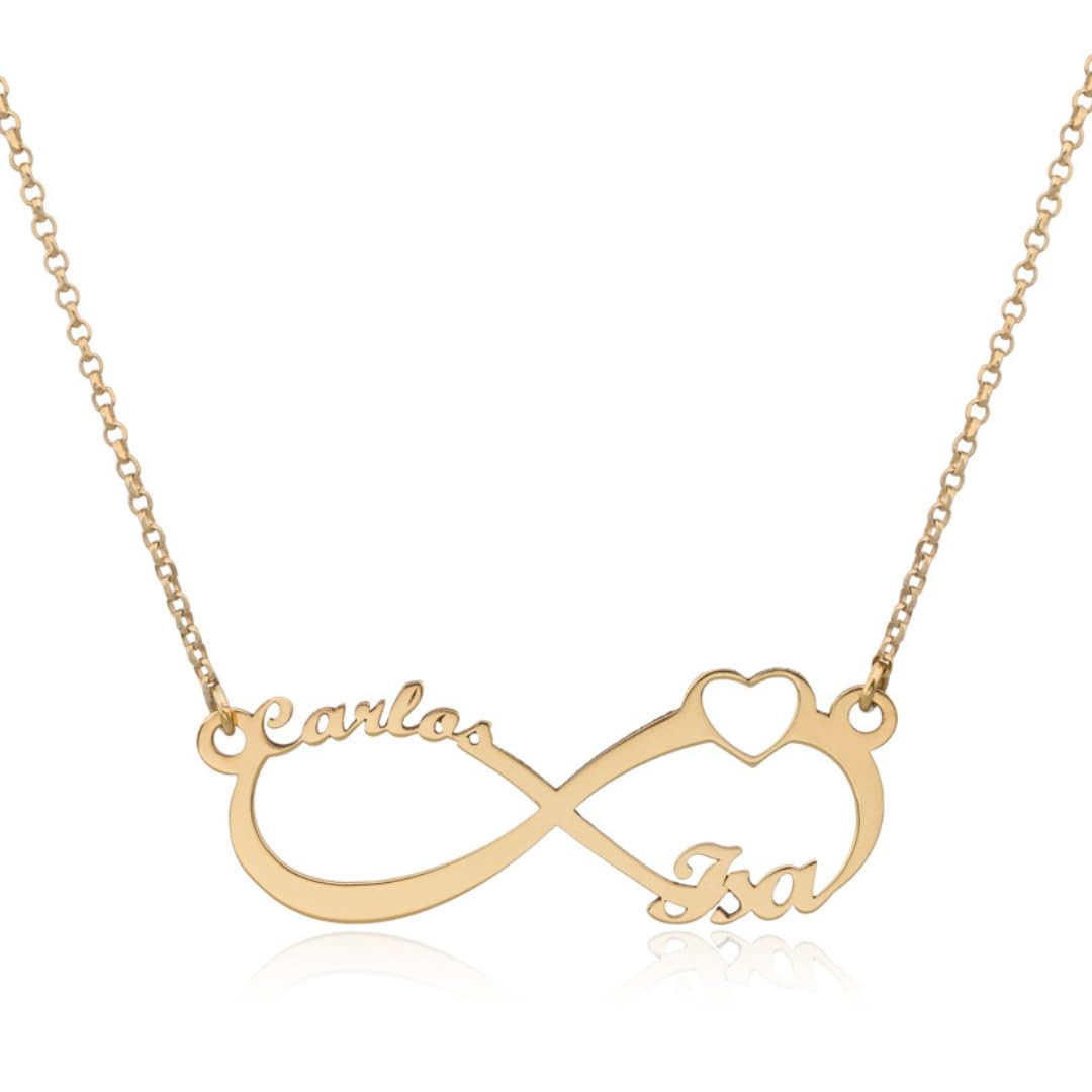 Collar Infinito Personalizado en Plata de Ley 925 para Mujer con Nombres Cadena de 40 cm + Alargador. Regalo para madres, abuelas en Cumpleaños, Navidad. Hecho en España (Infinito Corazón Oro)