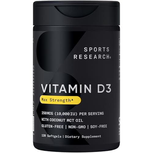 Sports Research® Vitamin D3 10,000iu (250mcg) with Coconut MCT Oil - Max Strength Vitamin D Supplement - Gluten Free · Non-GMO · Soy Free - 120 Count Softgels