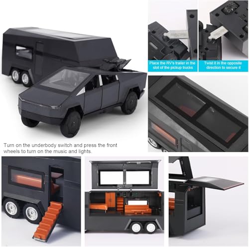 Image of Sky Tech Tesla Cyber Truck Pickup Trailer RV with Motorcycle 1:32 Model Car Alloy Metal Pull Back Die-cast Car Metal Toy car Openable Doors & Light Music Best Gifts Toys Kids【Colors as Per Stock】