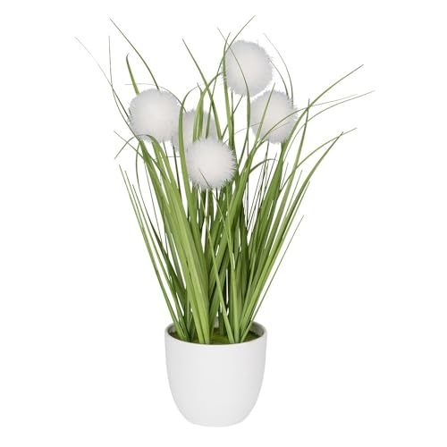 Ideen mit Herz | Deko-Knopfgras | Kugelgras | Kunstpflanze mit Topf | 30 cm hoch (weiße Blüten)