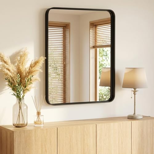 Image of Sweetcrispy Bathroom Mirror 36x24 Inch Metal Framed Rounded Rectangle Vanity Mirror for Wall, Over Sink, Farmhouse, Restroom, Anti-Rust, Modern Decorative, Horizontal or Vertical Hanging, Black