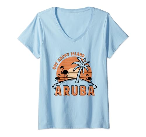 Womens One Happy Island Aruba Souvenir Summer Vacation Matching V-Neck T-Shirt