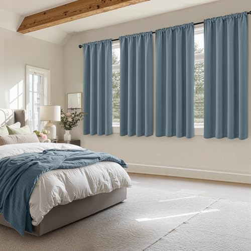Image of MIULEE Grey Blue Blackout Curtains 63 Inch Length for Bedroom 4 Panels | Solid Light Blocking Drapes, Room Thermal Insulation, Privacy Window Treatment Curtains,Top and Bottom Rod Pocket