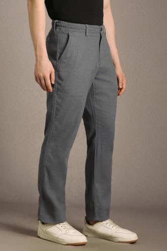 Image of Louis Philippe Men's Regular Straight Fit 100% Cotton Solid Elasticated Dobby Casual Trousers