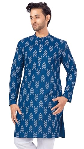 Image of Studio Shringaar Men's Cotton Blend Relaxed Fit Ikat Printed Knee Length Kurta