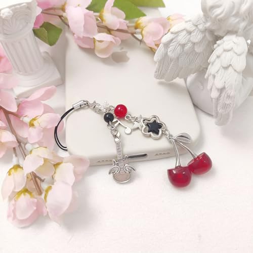 cioatu 1-4PCS Cute Phone Charms Aesthetic Y2K Cell Phone Charms Strap Pink Strawberry Butterfly Star PhoneCharm Y2K Accessories for Bag Keychain Airpods Camera Pendants Decor (Red Cherry Guitar)