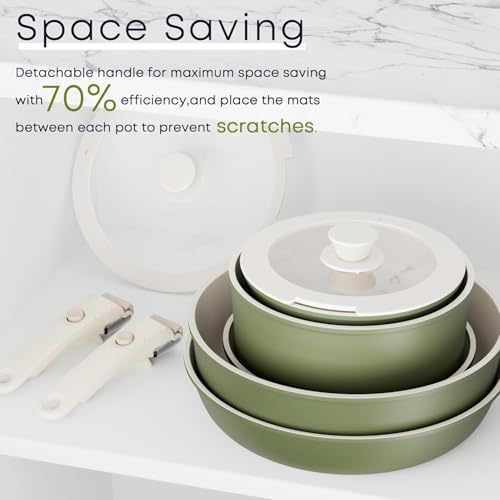 Image of Caannasweis Detachable Nonstick Cookware Set - Stackable Induction Pots and Pans With Removable Handles, Dishwasher Safe - For RV Camping, Oven and Stovetop Use, 5 Pieces (Green)