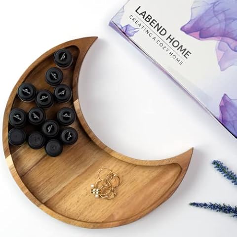 Moon Tray Crystal Holder and Display - Acacia Wood Crystal Tray for Stones, Healing Crystals and Gemstones Storage and Organizer Stand - Crescent Moon Bowl - Essential Oil Holder - Jewelry Dish Tray Cover