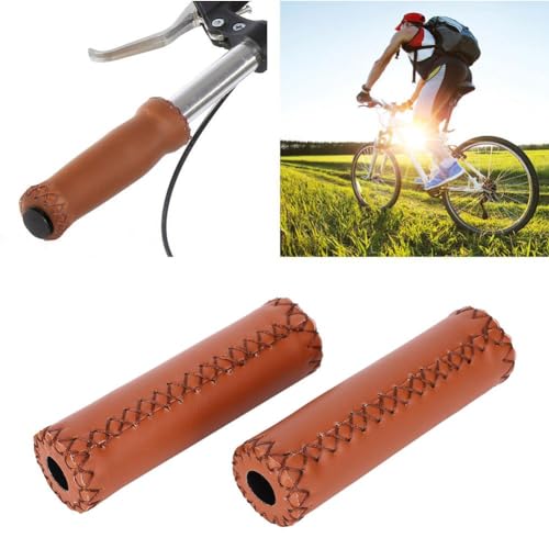 Leather Bike Grips, 1 Pair Leather Handlebar Grips Ergonomic Handlebar Grips Bike Handle Cover Grips for Mountain Bike Scooter (Brown) - Image 3
