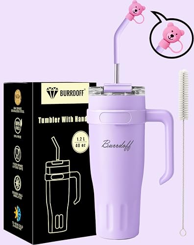 Image of Insulated Tumbler with Straw Lid and Handle (1200 ML) Double Wall Sipper Water Bottle for Adults, Tumbler Bottle with Straw (Lavender, 1200 ML, with Bear Straw Cover)