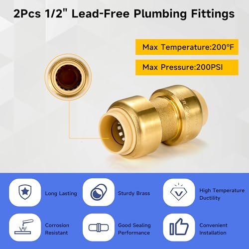 1/2\" Push Fit Plumbing Fittings, Tuykay 2Pcs Straight Connector Plumbing Fitting, No Lead Brass Plumbing Fittings with Disconnect Clip for Pex, Copper, CPVC - Thumbnail 3