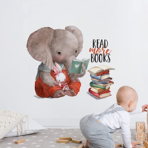 Mfault Inspirational Elephant Bunny Read More Books Wall Decals Stickers, Motivational Rabbit Animals Nursery Decorations Classroom Bedroom Art, Watercolor Neutral Toddler Kids Room Home Decor Gift #TOP5