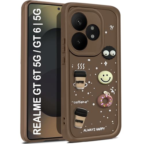Image of TRUEUPGRADE Back Case Cover Compatible for Realme GT 6 / GT 6T 5G | Cute Fun Cartoon 3D Ball | Coffee Silicone Case | Camera Protection | Body Protection | Shock Proof | Color Brown