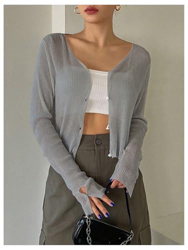 Image of Floerns Women's Ribbed Knit Long Sleeve Button Front V Neck Cardigan Crop Top