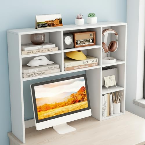 Image of Tangkula Desktop Bookshelf, 37 inch Countertop Storage Hutch with 7 Cubes & 3 Adjustable Shelves, 3-Tier Desk Display Rack Organizer, Multipurpose Wood Desktop Hutch for Dorm Home Office (White)
