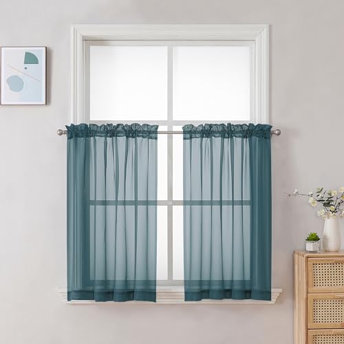 Image of Chyhomenyc Stone Blue Sheer Curtains 30 inch Length 2 Panels, Light Filtering Voile Rod Pocket Short Window Curtians for Bathroom Living Room Farmhouse Small Windows, 42Wx30L inches
