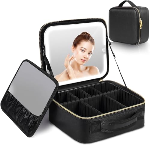 Image of Friza Travel Makeup Case With Led Light Mirror, Waterproof Vanity Bag With 3 Adjustable Color Brightness Cosmetic Bag Train Case Organizer With Adjustable Dividers (Black)