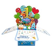 ZOOYOO Happy 1st Birthday Card,3D Pop Up First Birthday Greeting Card for Baby Boy,Son,Grandson,Nephew with 1 Envelop,1 Message Card(Blue)