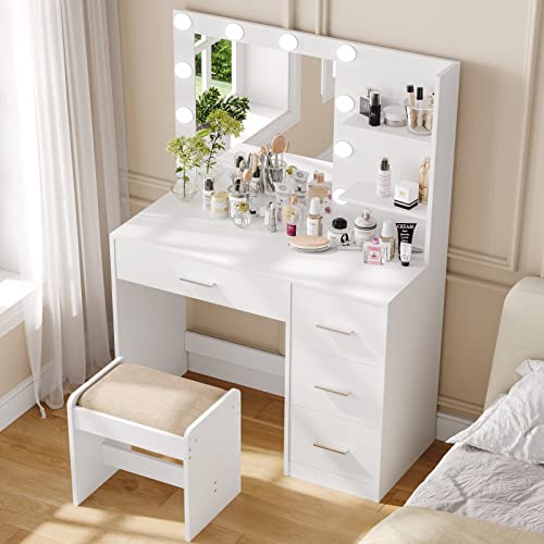 Rovaurx Makeup Vanity Table With Lighted Mirror, Makeup Vanity Desk With Storage Shelf And 4 Drawers, Bedroom Dressing Table, 10 Led Lights, White Rszt104W #TOP3