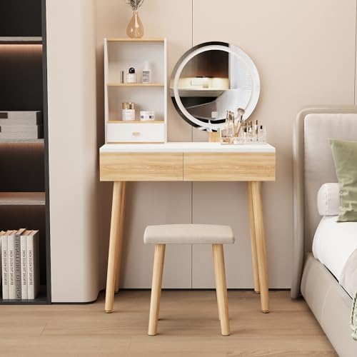 YU YUSING Tocador de Maquillaje con Espejo LED y Taburete Tapizado, Mesa de Maquillaje con 3 Cajones 2 Estantes, Iluminación Regulable, Tocador de Dormitorio, Moderno, Color Madera, 80x40x129 cm