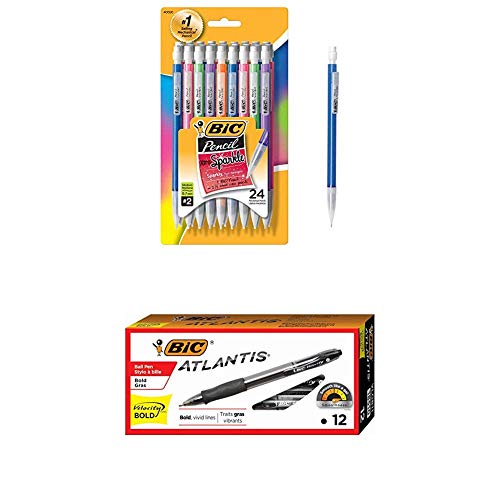 BICXtra-Sparkle Mechanical Pencil, Medium Point (0.7 mm), 24-Count and VLGB11-Blk Velocity Bold Retractable Ball Pen, Bold Point (1.6mm), Black, 12-Count