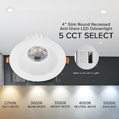 Maxxima 4 In. Ultra-Thin Recessed Anti-Glare Led Downlight Canless Ic Rated 1200 Lumens 5 Color Temperature Selectable 2700K/3000K/3500K/4000K/5000K Dimmable White Trim, 90 Cri, Junction Box Included #TOP4