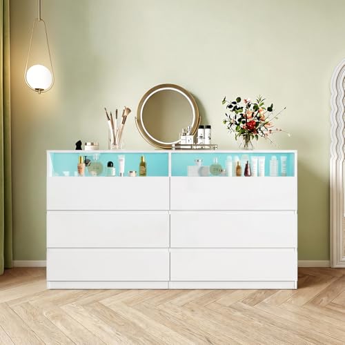 Vipbear Premium Elegant White Dresser Wooden Dresser for Bedroom with 6 Big Drawers 2 Open Shelves & LED RGB Lights & Power Outlet TV Stand Cabinet for Living Room 47 Lx34 H
