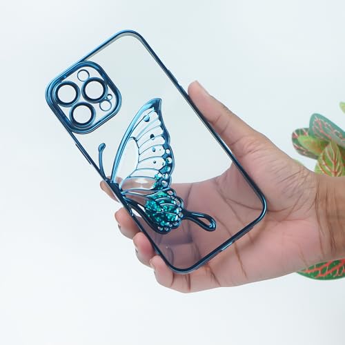 Image of PEEPERLY Back Cover Case for iPhone 14 Pro Max Scratch Resistant Anti-Slip TPU Shockproof Protective Durable Glowing Butterfly Transparent Case for Girls & Women(Blue)