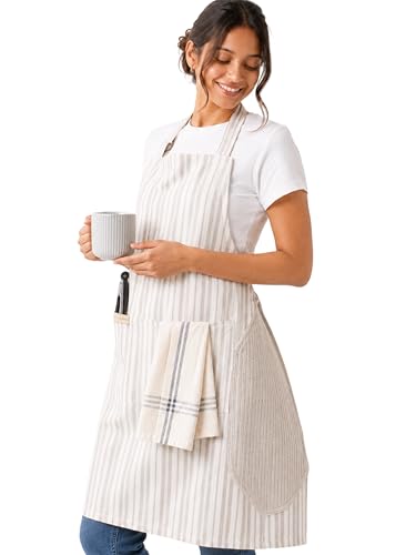Image of Kitchen Apron - 100% Cotton, Adjustable Neck strap, Large Pocket - Unisex Apron for Men & Women - Cooking, Baking, BBQ, Gardening - Solid Colours, Striped and Checkered Patterns