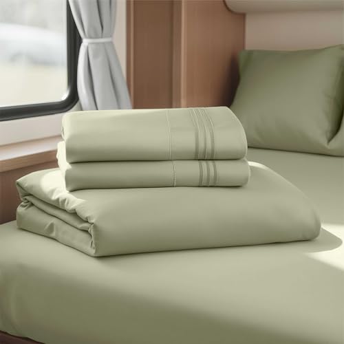 Image of Nestl Light Sage Short Queen Sheets for RV, Hotel Luxury RV Queen Sheets Set, 4 Piece Fitted Bed Sheet Set and Pillowcases, Super Soft, Wrinkle-Free, and Breathable Camper Bedding