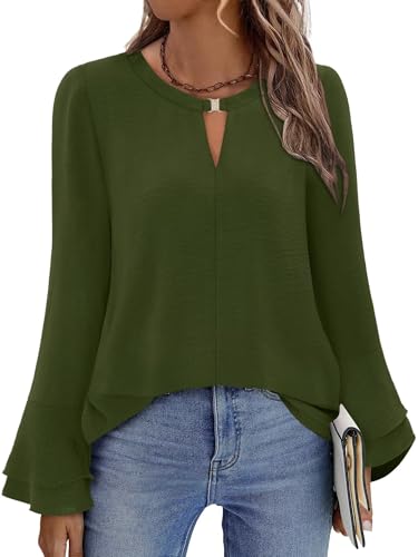 KISSMODA Double Layered Formal Tops Long Sleeve T Shirts for Women Fashion Keyhole Neck Blouse Casual Dressy Tunic with Flared Cuffs for All Seasons Comfort Stretch Fabric Army Green S