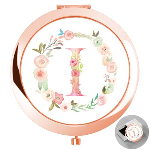 Personalized Gift Initial Compact Mirror w Box for Sister (I, Rose Gold)