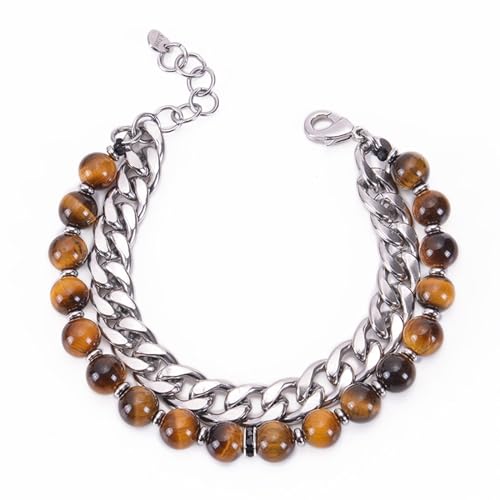 Bracelet en acier inoxydable et pierre naturelle grise orné de zircon cubique de 8 mm